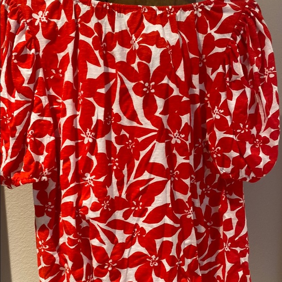 LOFT Red and White Ruffled Pulmeria floral Blouse - Picture 3 of 5